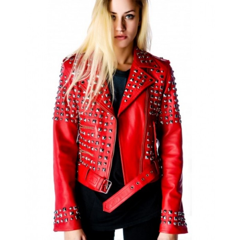 Women Red Color Leather Jacket Silver Studded Genuine Leather Jacket 